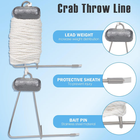 9 Pack 30FT/9.14M QualyQualy Crab Throw Line Length Weighted Crab Trap Line Kit with Tong, Measuring Tool and Gloves