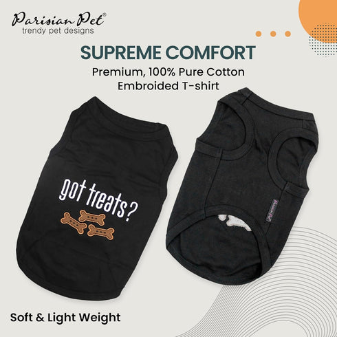 Parisian Pet Dog Tshirt - Lightweight Cotton Tank Top - Embroidered “Got Treats?” Sleeveless Black Tee for Large Dogs -