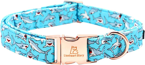 Lionheart Glory Blue Dog Collar, Shark Print Soft Durable Adjustable Collar for Large Dogs, Pet Gift
