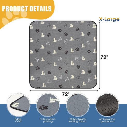 Washable Extra Large Dog Pee Pads, Absorbent Reusable Training Mat, Non-Slip, Grey 72"x72"