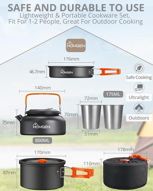 HOMGEN Camping Cooking Set - Lightweight Aluminium Pots and Pans Kit for 2-3 People, Perfect for Camping, Picnic, Hiking