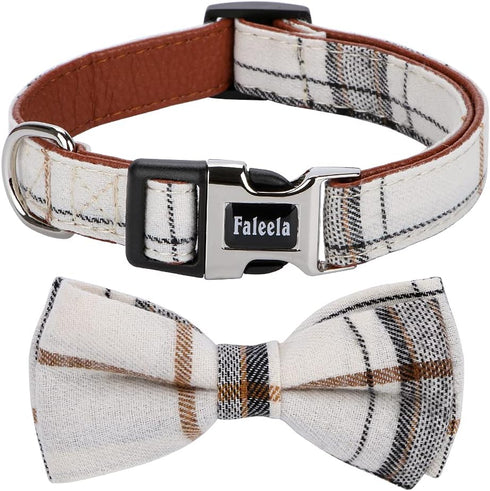 Faleela Soft & Comfy Bowtie Dog Collar, Detachable Adjustable Bow Tie Collar for Small Medium Large Pets (M, Beige)