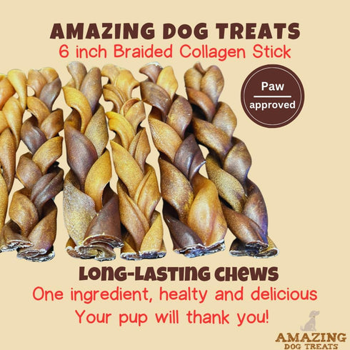 Amazing Dog Treats - 6 Inch Braided Collagen Sticks for Dogs, 10 Count - Collagen Bully Sticks, 95% Natural, No Hide