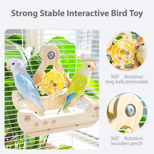 BShasrlim 2 1 in Interactive Bird Toys,Nature Wooden Swing Parrot Toys with Spinner Rattle Bell, Cockatiel Toy Bird