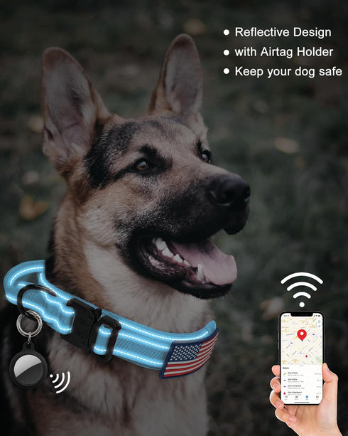 Reflective Tactical Dog Collar with Handle, Heavy Duty Military Durable Thick Dog Collar with Metal Buckle Great for Medium Large Dogs, with Airtag Case and 2 Patches(Blue, XL)