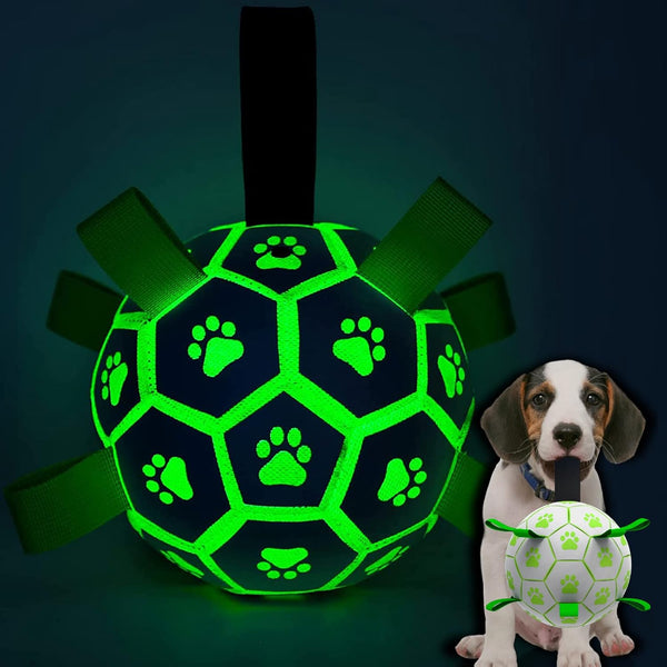 QDAN Glow in The Dark Soccer Ball Dog Toys with Straps, Light Up Interactive Outdoor Toy for Small & Medium Dogs (6