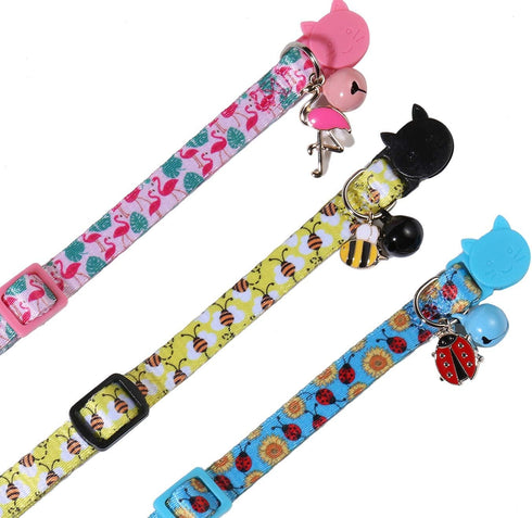 BoomBone Cat Collar Breakaway with Bell, Cute Animal Pendants, 3 Pack Bee Flamingo Beetle Spring Kitten Collar