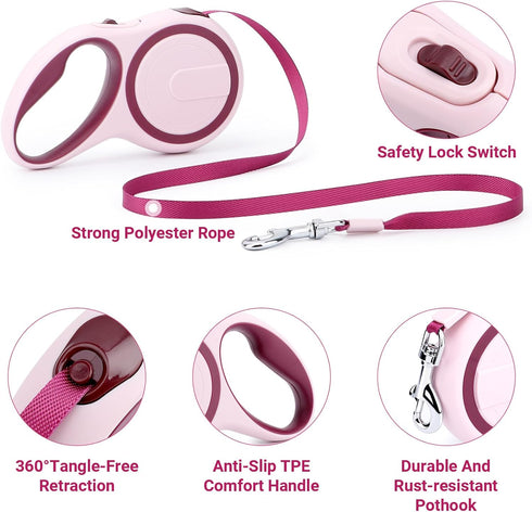 Segarty Dog Retractable Leash - 16ft Heavy Duty for Medium Small Dogs up to 44lb - Anti-slip Handle (Pink Wine)