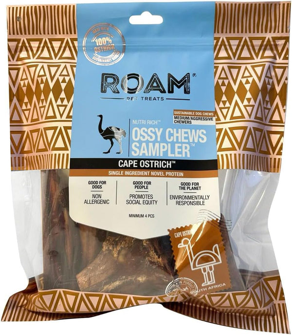ROAM Exotic Ossy Chews Sampler Adult Dog Chew Treats – Mixed Pack of 4 Ostrich Chews for Dogs