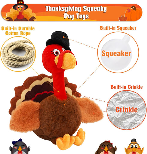 Squeaky Dog Toys, Turkey Squeaky Toys with Cotton Rope and Crinkle, Gifts for Small Medium and Large Dogs