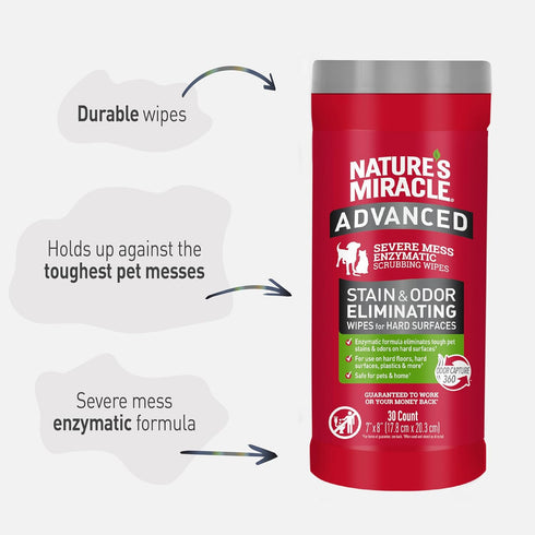Nature’s Miracle Advanced Stain and Odor Eliminating Wipes for Hard Surfaces, 30 Count, Enzymatic Formula