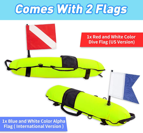 Inflatable Diving Safety Surface Marker Buoy - High Visibility Diver Down Torpedo Float with 2 Dive Flags