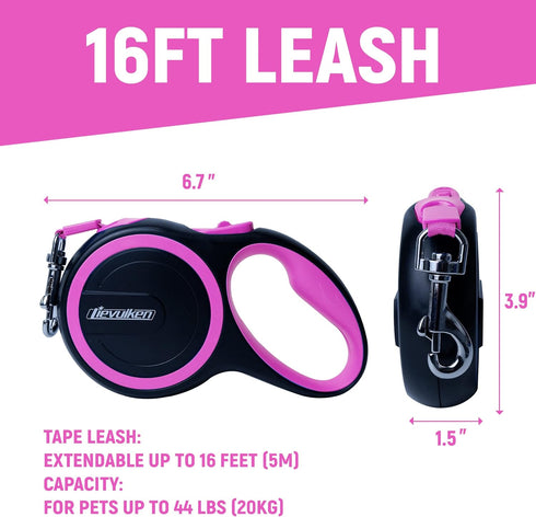 16 FT Retractable Dog Leash with No Tangle for Dogs up to 44lbs, One-Handed Brake, Strong Nylon Tape