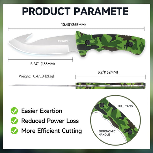 Fixed Blade Hunting Knife, Full Tang Stainless Steel Camping Knife with Gut Hook Edge, Green Wooden Handle, Sheath