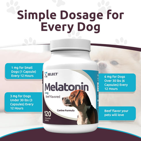 K9 Select Melatonin for Dogs, Composure Dog Calming Chews, 3 mg, 120 Beef Flavored Chewable Tablets