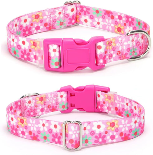 Cute Pink Dog Collar with Spring Flower Pattern, Soft Nylon Adjustable Quick Release Buckle for Medium Female Dogs
