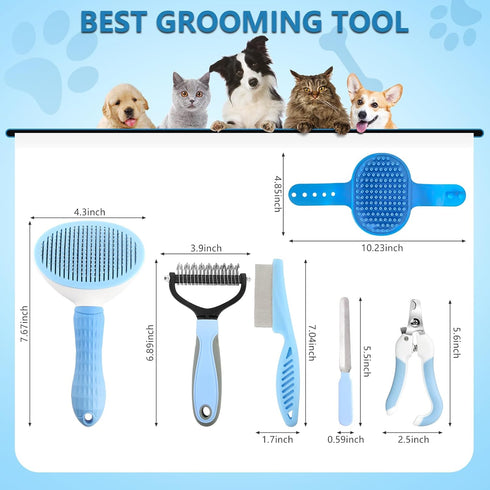 Dog Grooming Kit 6PCS - Dog Brush for Shedding, Dematting Comb, Nail Clipper with File, Flea Comb, Bath Brush - Blue