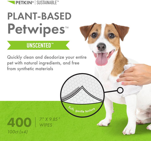 Petkin Plant-Based PetWipes - 100 Wipes, 4 Pack, Biobased, Thick Wipes for Dogs & Cats, Cleans & Conditions
