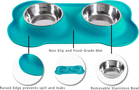 Hubulk 2 Stainless Steel Dog Bowls with No Spill Non-Skid Silicone Mat + Pet Food Scoop for Small Medium Large Dogs