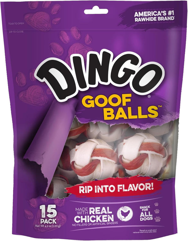 Dingo Goof Balls Premium Rawhide Treats for Small Dogs, 15 Count, Made with Real Chicken