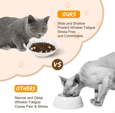 Ceramic Cat Food Bowl Set, Wide Shallow Bowls for Whisker Fatigue Relief, 6 Pack, 8.5 oz, 5.75 inch, White
