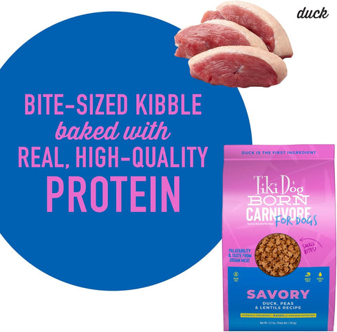 Tiki Dog Born Carnivore Savory Duck, Peas & Lentils Recipe, Grain Free Baked Kibble for Adult Dogs, 3.5 lbs