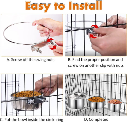 Dog Crate Water Bowl Set, 3 pcs Stainless Steel Anti-Spill Metal Bowls for Medium & Large Dogs, Hanging Water/Food Bowls