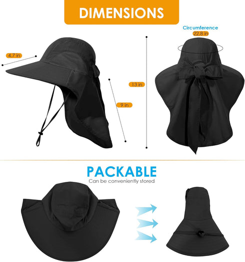 Women's Sun Hat UV Protection, Foldable Waterproof Wide Brim Bucket Hat with Neck Flap
