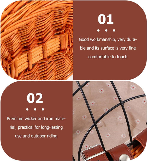 FAVOMOTO Rattan Woven Bike Basket Capacity Sturdy Front Carrier for Pets Cats Dogs and Shopping Breathable Comfortable