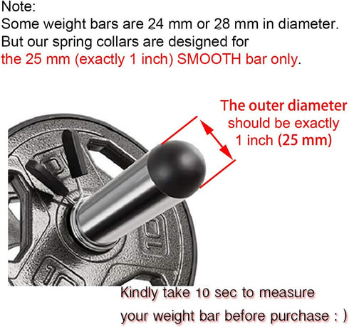 Spring Clip Collars, 1 inch (25 mm), for Smooth Dumbbell Handle or Standard Weightlifting Barbell, Pack of 4