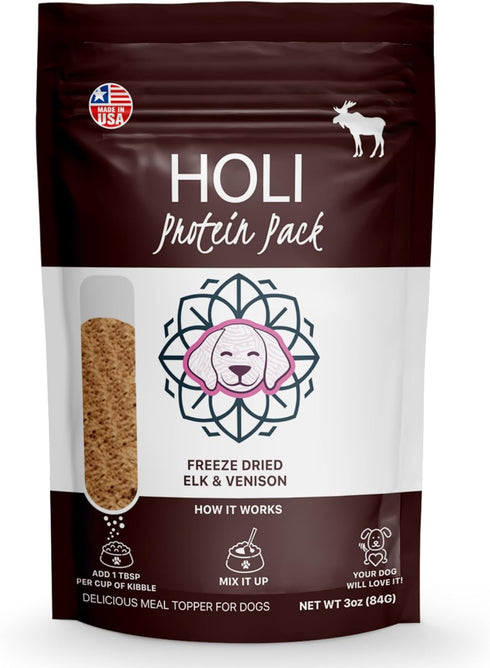 96% 100% 6oz HOLI Freeze Dried Elk and Venison Dog Food Topper - Meat, Wild Caught Free Range - Freeze Dried Dog Food