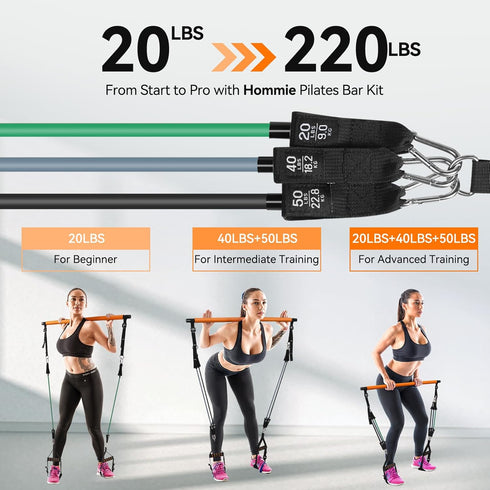 Hommie Portable Pilates Bar Kit with Resistance Bands (20-60lb) for Full-Body Home Gym Workouts