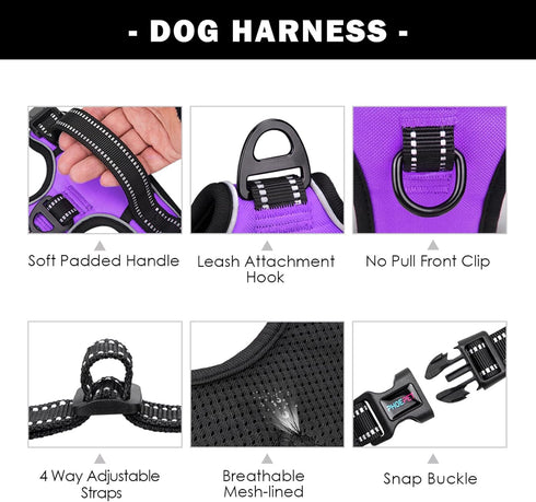 PHOEPET No Pull Dog Harness for Small Dogs, Reflective Adjustable Vest with Front Clip, 2 Metal Rings, Purple (S)