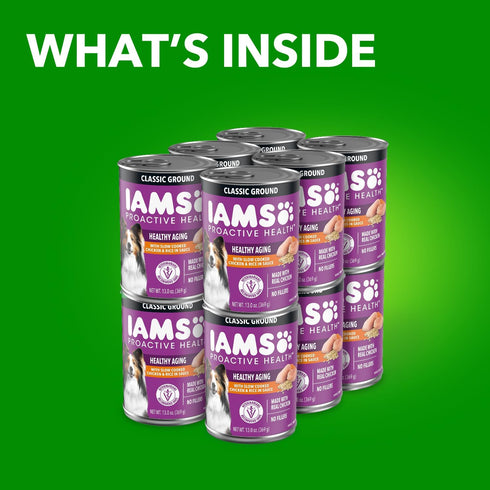 13 oz. (Pack 12) IAMS Proactive Health Senior Wet Dog Food, Classic Ground Dog Wet Food, Slow Cooked Chicken and Rice