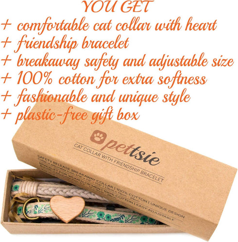 Pettsie Breakaway Cat Collar with Wooden Heart Charm & Matching Owner Bracelet - Adjustable Safety Collar for Cats,