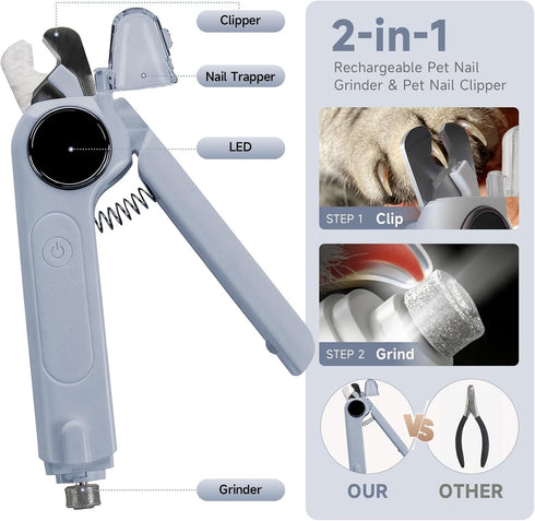 COUEYOA 2-in-1 Trimmers Dog Cat Nail Grinder & Clipper with LED Light, Pet Nail Clippers for Large Medium Puppy Dogs