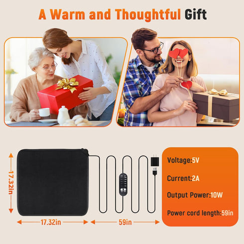 5V 5 Setting 4H USB Heated Seat Cushion - Portable Stadium Chair Heating Pad with Heat & Timer - Light&Foldable
