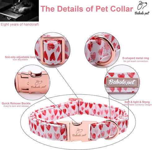 Valentine's Day Dog Collar for Medium Dogs, White Red Pink Love Collar with Safety Metal Buckle, Adjustable M-Neck