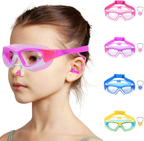 Vvinca Kids Swim Goggles for Ages 3-12, Upgraded Design with Ear & Nose Plug, Anti-Fog No Leak