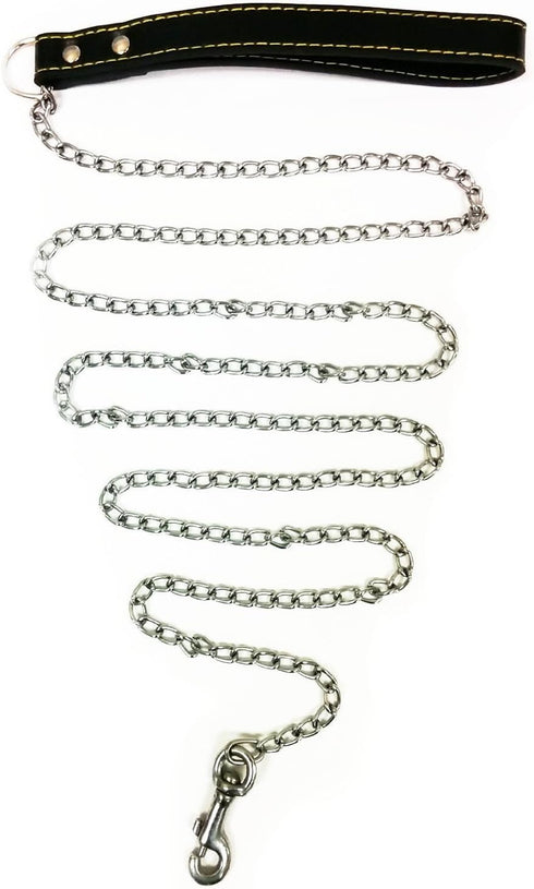 Heavy Chain Leash, 72 Inches (72"), 6 Feet (6') Faux Leather for Small-Medium Size Dogs or Large Puppies, Lead is Resistant to Chewing (Black)