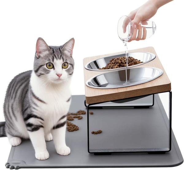 Upgraded Elevated Cat Bowls with Food Mat, 15° Tilted Stand, Anti-Vomiting Raised Dishes, 2 Stainless Steel Bowls