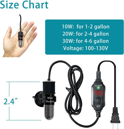 Mini Submersible Aquarium Heater, Adjustable 25/50/100/150/200/300 Watts, Built-in Thermometer, for 1-60 Gallons (20W