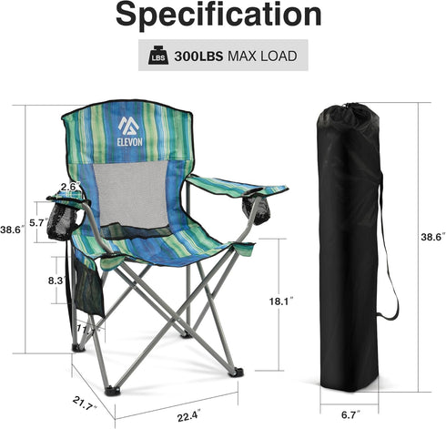 Elevon Camping Chair, Portable Folding Outdoor Chair with Arms, Cup Holder and Carry Bag