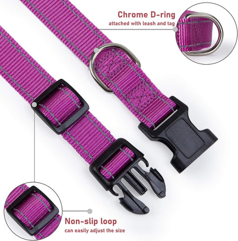 Reflective Dog Collar with Buckle, Adjustable Safety Nylon Collars for Small Medium Large Dogs, Purple S