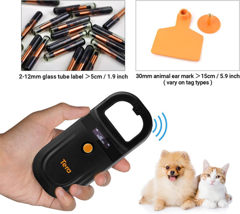 Tera FDX-B(ISO11784/85) Pet Microchip Reader with D-Ring RFID Portable Animal Chip ID Scanner with OLED Display Screen