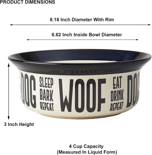 PetRageous Eat Drink Repeat Two-Tone Stoneware Dog Bowl, 4-Cup Capacity, Dishwasher Safe, Off-White.