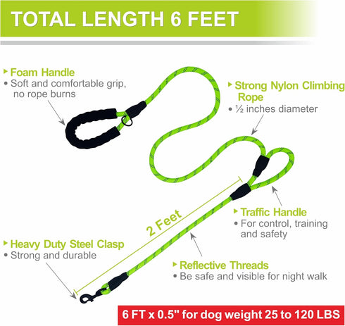 6ft Double Handle Dog Leash with Padded Handle, Reflective Double Loop for Large Medium Dog Control (Green)