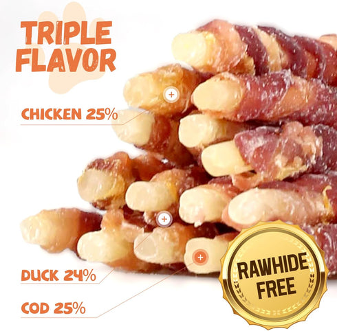 15-17 Counts, 10.6 oz Pawmate Triple Flavor Dog Treats, Chicken Duck Wrapped Cod Sticks, Rawhide-Free Grain-Free Soft