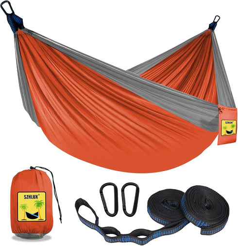 SZHLUX Double & Single Camping Hammock with 2 Tree Straps, Portable for Hiking, Backpacking, Outdoor, Beach, Orange/Grey