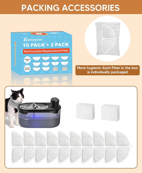 Set, 10 2 3L/101oz subteenmate Wireless Cat Water Fountain Filters Filters & Pre-Filter Sponges for Automatic Water Pet